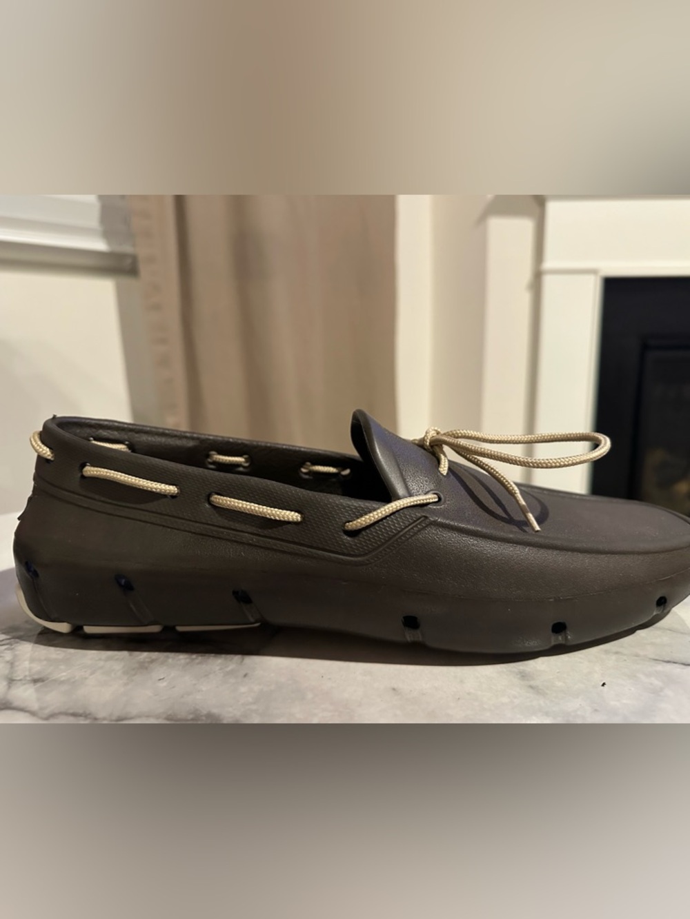 Men's Dark Brown Boat Shoes with Beige Laces
